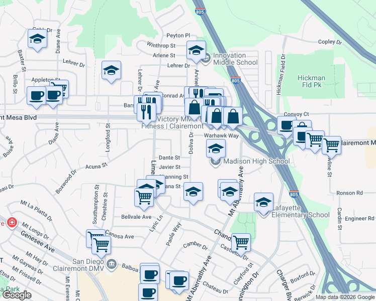 map of restaurants, bars, coffee shops, grocery stores, and more near 4808 Doliva Drive in San Diego