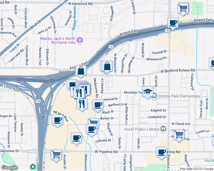 map of restaurants, bars, coffee shops, grocery stores, and more near 1225 Wooded Trail in Hurst