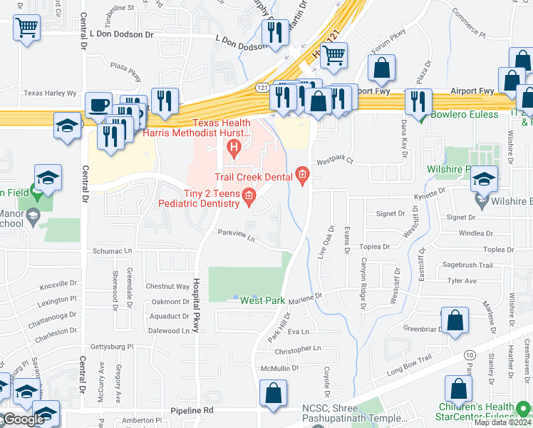 map of restaurants, bars, coffee shops, grocery stores, and more near 2829 Parkview Lane in Bedford