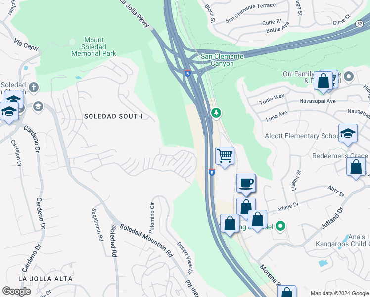 map of restaurants, bars, coffee shops, grocery stores, and more near 2780 Carriagedale Row in San Diego