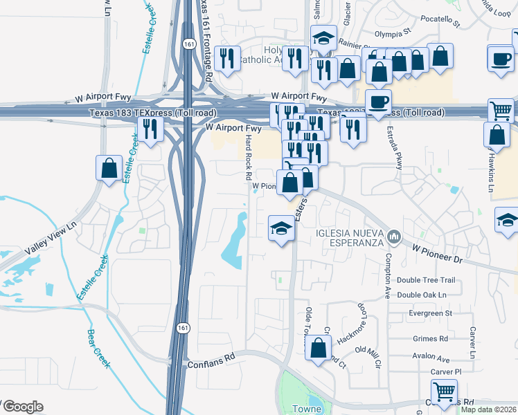 map of restaurants, bars, coffee shops, grocery stores, and more near 4423 Kennedy Court in Irving