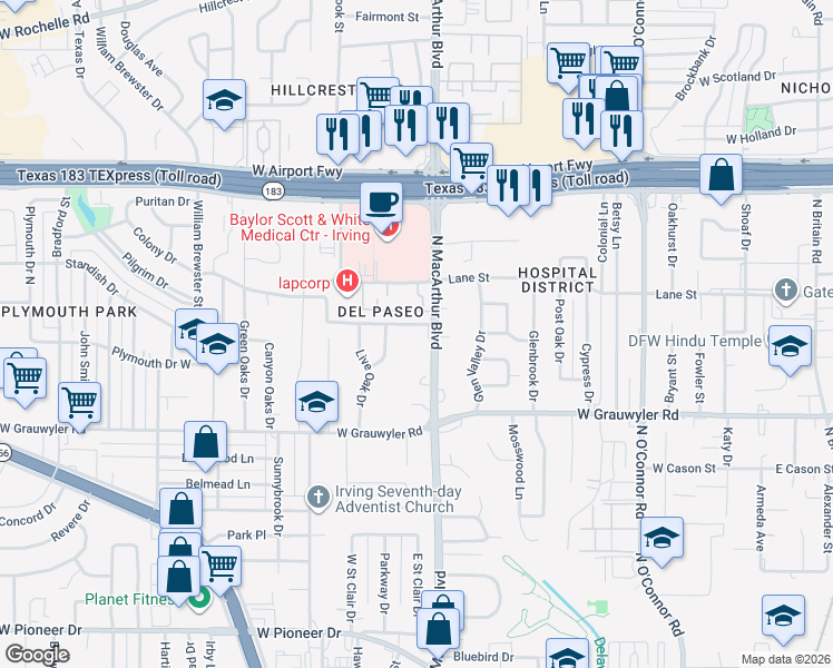 map of restaurants, bars, coffee shops, grocery stores, and more near 1725 N MacArthur Blvd in Irving