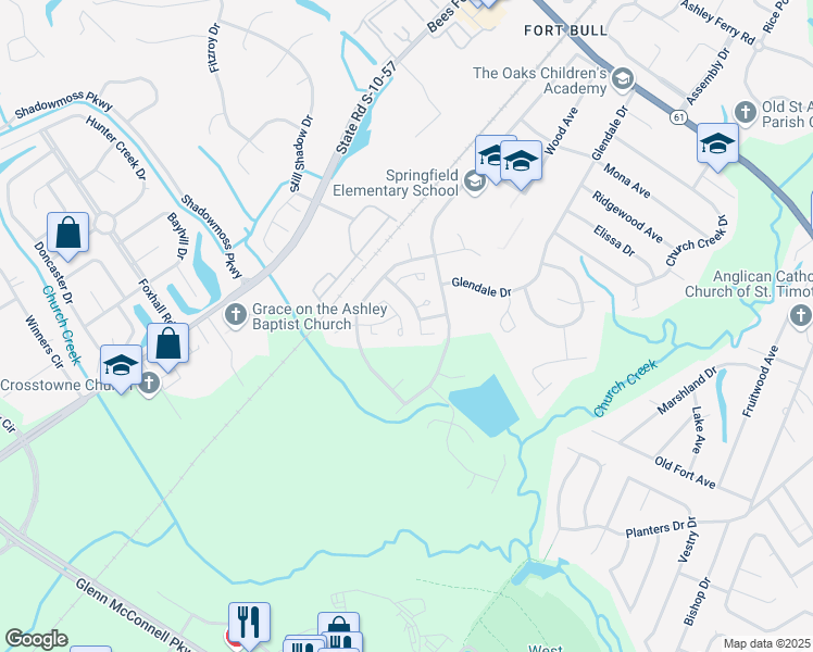 map of restaurants, bars, coffee shops, grocery stores, and more near 2848 North Moss Oak Lane in Charleston
