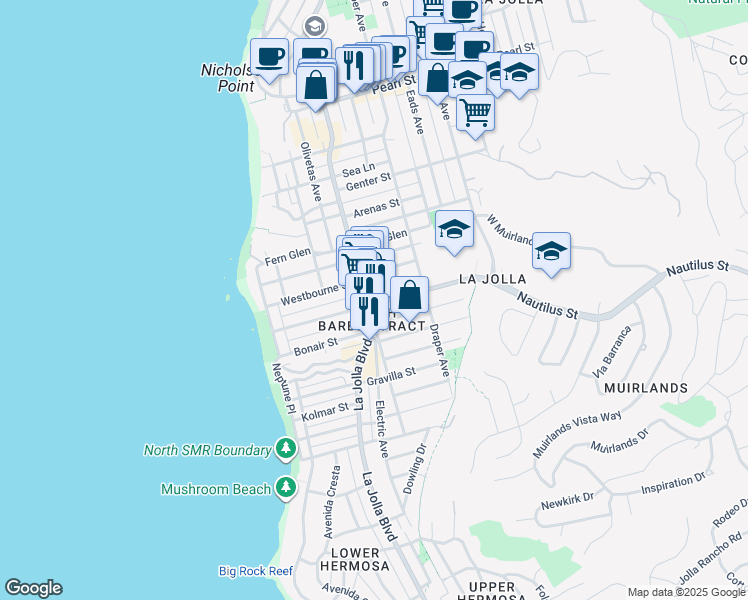 map of restaurants, bars, coffee shops, grocery stores, and more near in San Diego