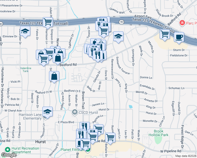 map of restaurants, bars, coffee shops, grocery stores, and more near 1200 Glenda Drive in Bedford
