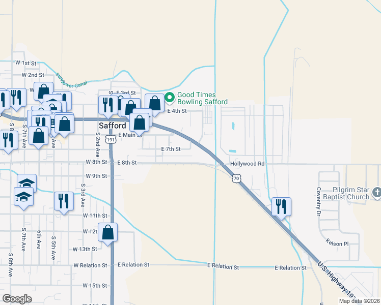 map of restaurants, bars, coffee shops, grocery stores, and more near 419 East 7th Street in Safford
