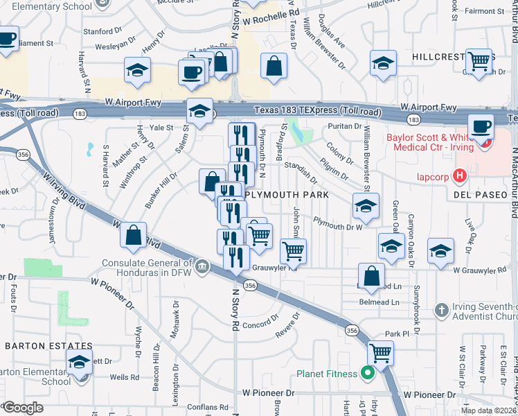 map of restaurants, bars, coffee shops, grocery stores, and more near 1621 Plymouth Drive West in Irving
