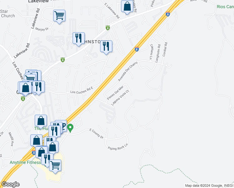 map of restaurants, bars, coffee shops, grocery stores, and more near 13567 Paseo Del Mar in El Cajon