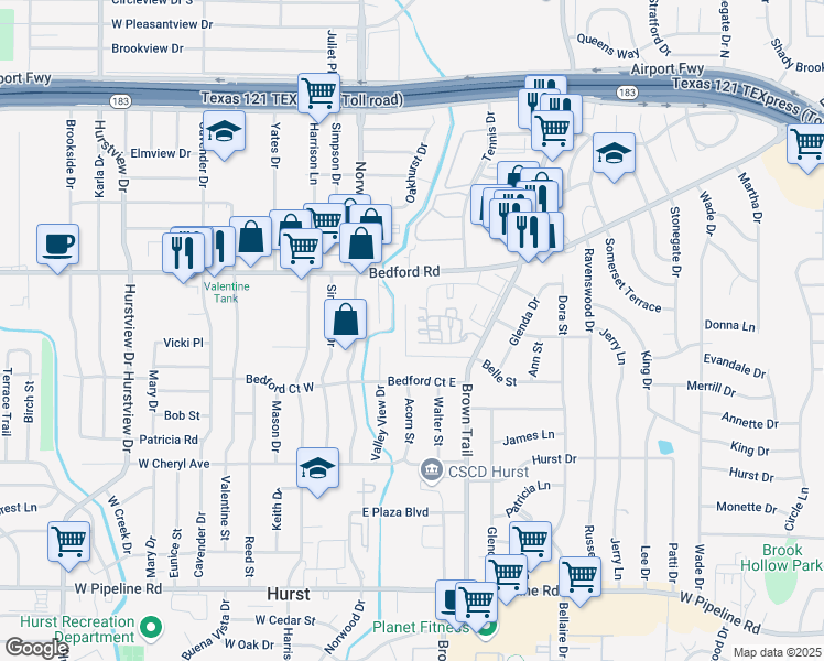 map of restaurants, bars, coffee shops, grocery stores, and more near 1108 Belle Street in Bedford