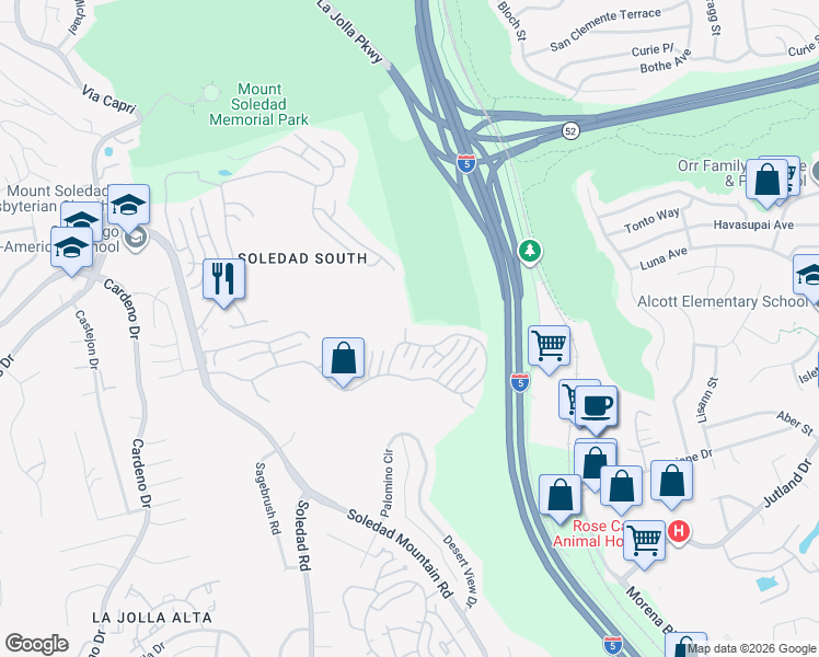 map of restaurants, bars, coffee shops, grocery stores, and more near 6125 Flagstone Row in San Diego