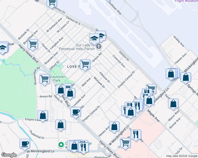 map of restaurants, bars, coffee shops, grocery stores, and more near 7302 Mohawk Drive in Dallas