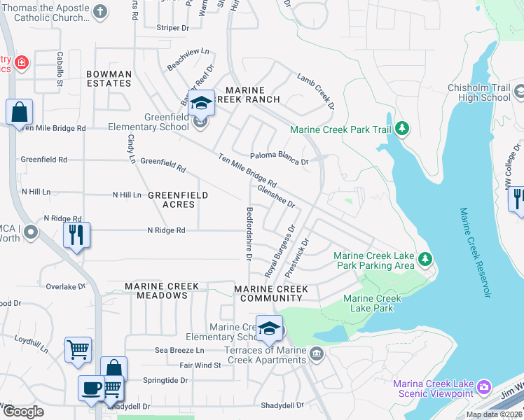 map of restaurants, bars, coffee shops, grocery stores, and more near 5705 Addington Drive in Fort Worth