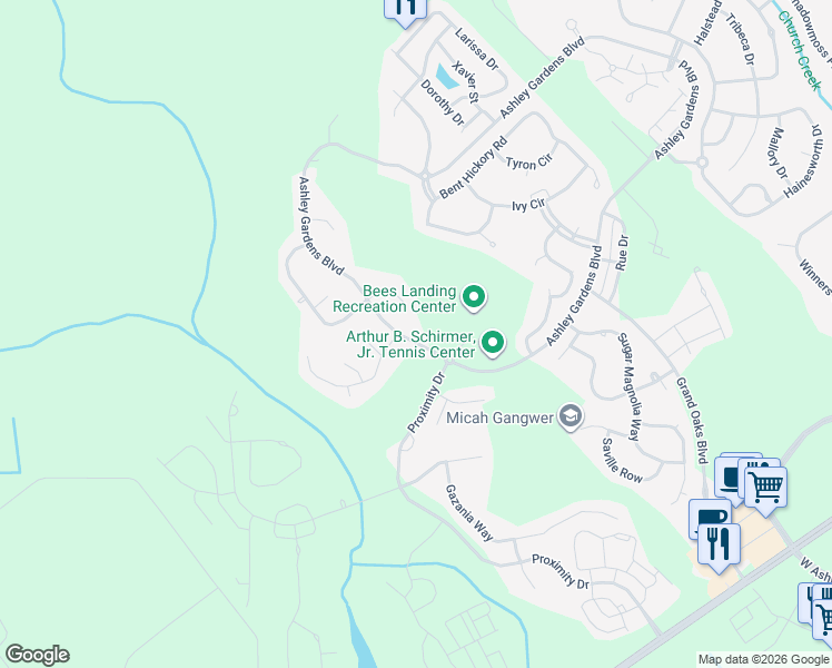 map of restaurants, bars, coffee shops, grocery stores, and more near 1556 Ashley Garden Blvd in Charleston