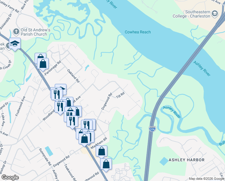 map of restaurants, bars, coffee shops, grocery stores, and more near 1632 Dogwood Road in Charleston