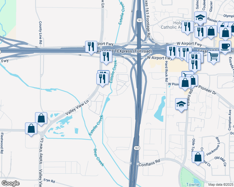 map of restaurants, bars, coffee shops, grocery stores, and more near 4531 West Pioneer Drive in Irving