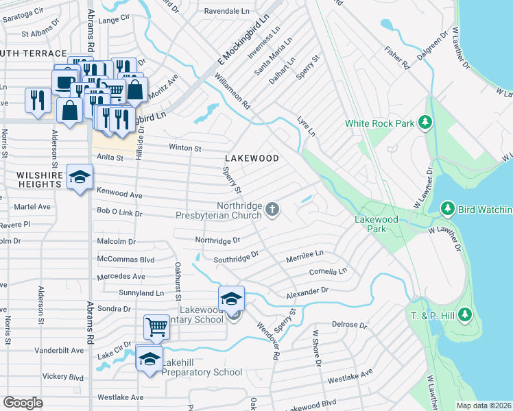 map of restaurants, bars, coffee shops, grocery stores, and more near 6915 Bob O Link Drive in Dallas