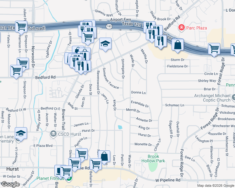 map of restaurants, bars, coffee shops, grocery stores, and more near 20 Barons Court in Bedford