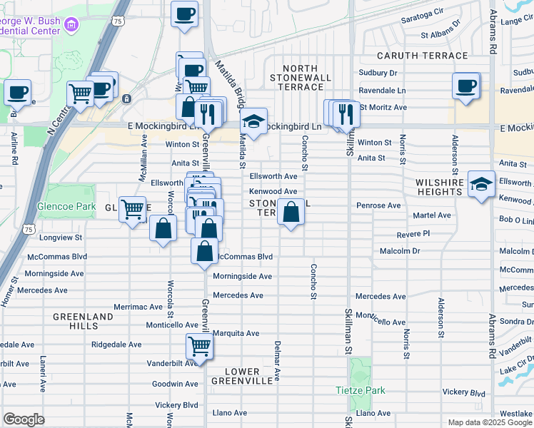 map of restaurants, bars, coffee shops, grocery stores, and more near 5832 Penrose Ave in Dallas
