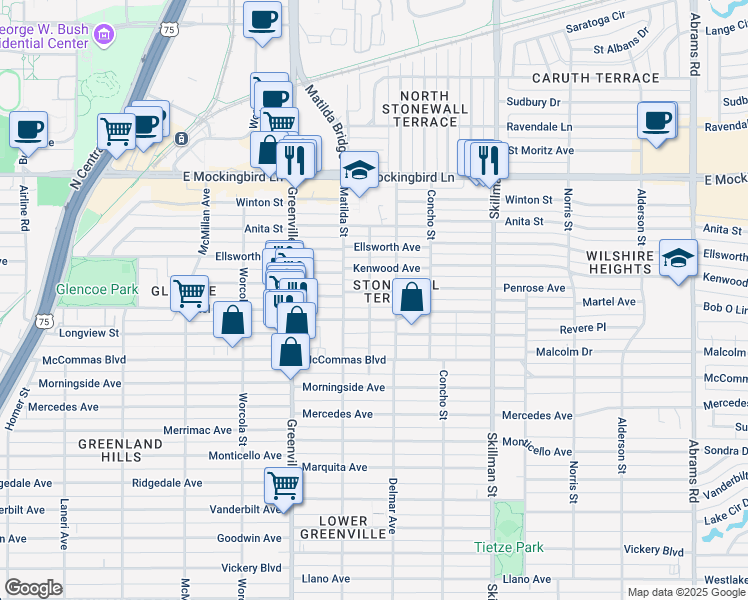 map of restaurants, bars, coffee shops, grocery stores, and more near 5832 Penrose Avenue in Dallas