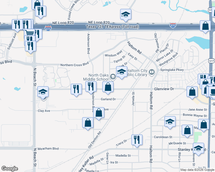 map of restaurants, bars, coffee shops, grocery stores, and more near 4805 Jordan Park Dr in Haltom City