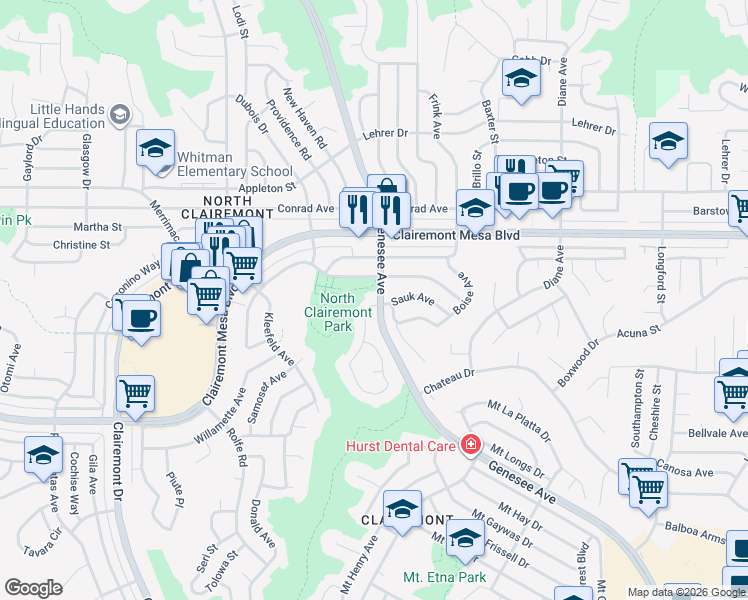 map of restaurants, bars, coffee shops, grocery stores, and more near 4802 Genesee Avenue in San Diego