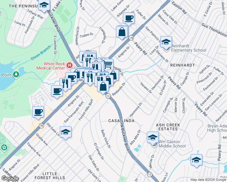 map of restaurants, bars, coffee shops, grocery stores, and more near 9511 Redondo Drive in Dallas