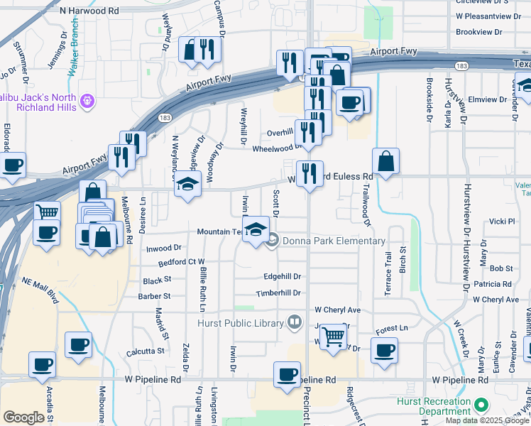 map of restaurants, bars, coffee shops, grocery stores, and more near 1201 Princess Lane in Hurst