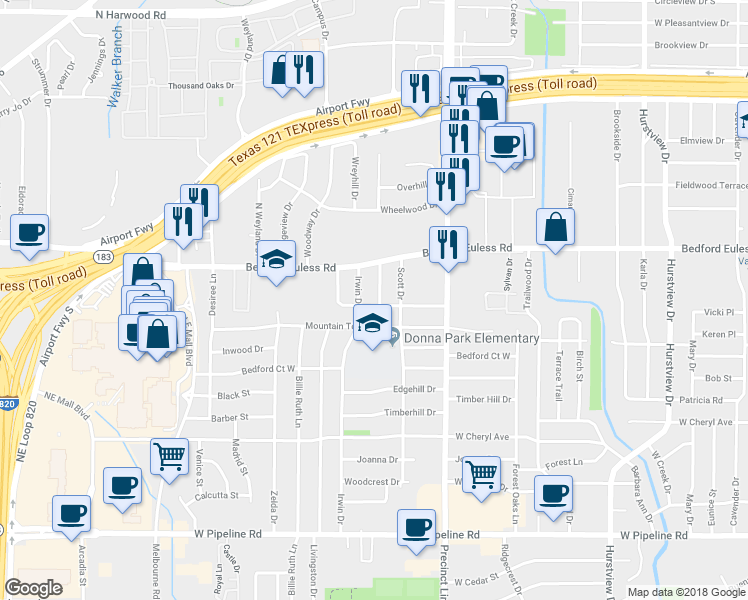 map of restaurants, bars, coffee shops, grocery stores, and more near 1201 Princess Lane in Hurst