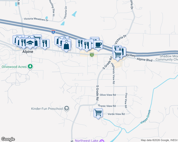 map of restaurants, bars, coffee shops, grocery stores, and more near 1491 Louise Drive in Alpine