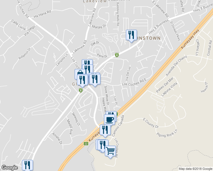 map of restaurants, bars, coffee shops, grocery stores, and more near 8541 Snow White Drive in El Cajon