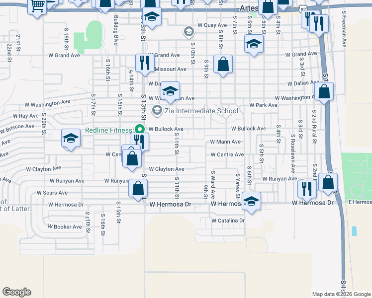 map of restaurants, bars, coffee shops, grocery stores, and more near 1007 West Mann Avenue in Artesia