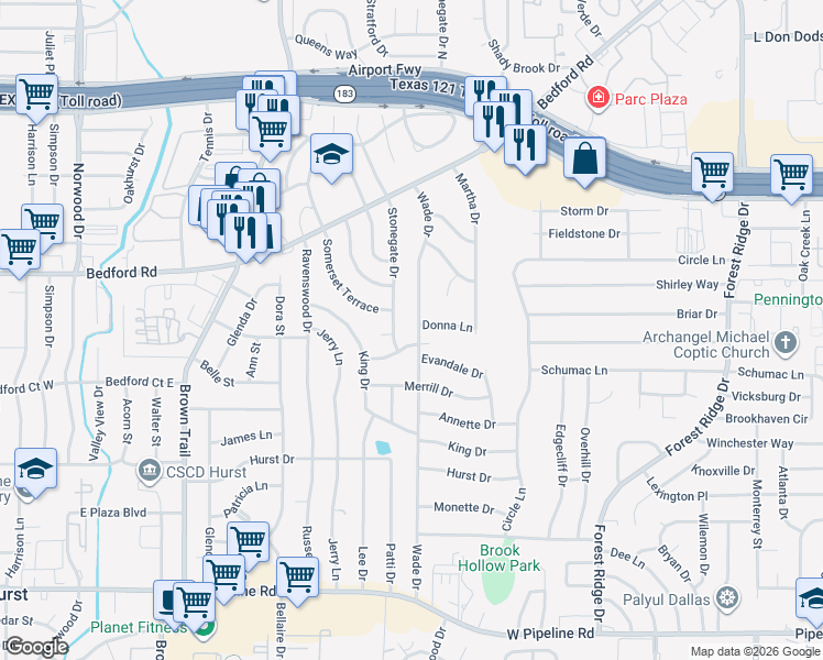 map of restaurants, bars, coffee shops, grocery stores, and more near 1321 Wade Drive in Bedford