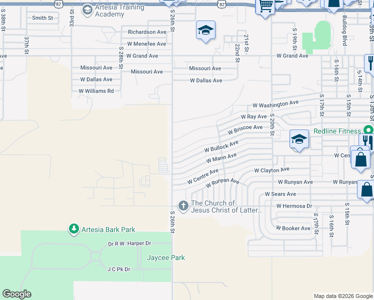 map of restaurants, bars, coffee shops, grocery stores, and more near 2510 West Mann Avenue in Artesia