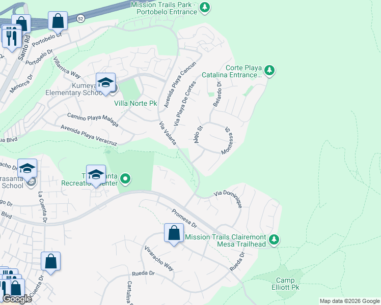 map of restaurants, bars, coffee shops, grocery stores, and more near 11110 Collegio Drive in San Diego