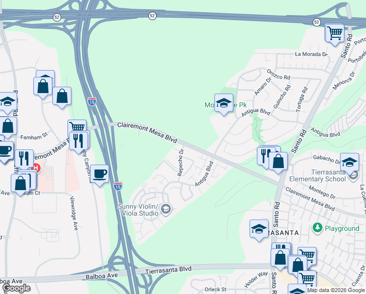 map of restaurants, bars, coffee shops, grocery stores, and more near in San Diego