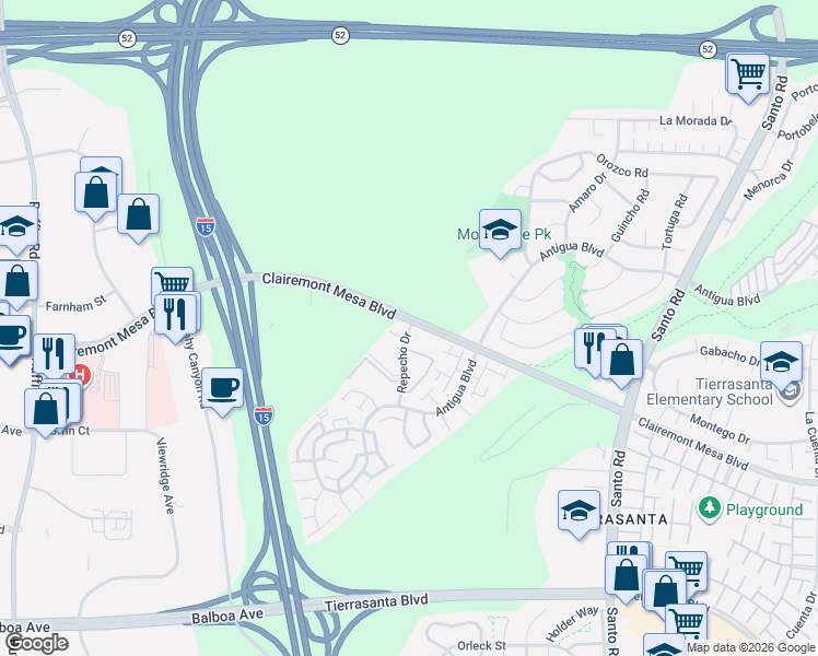 map of restaurants, bars, coffee shops, grocery stores, and more near in San Diego