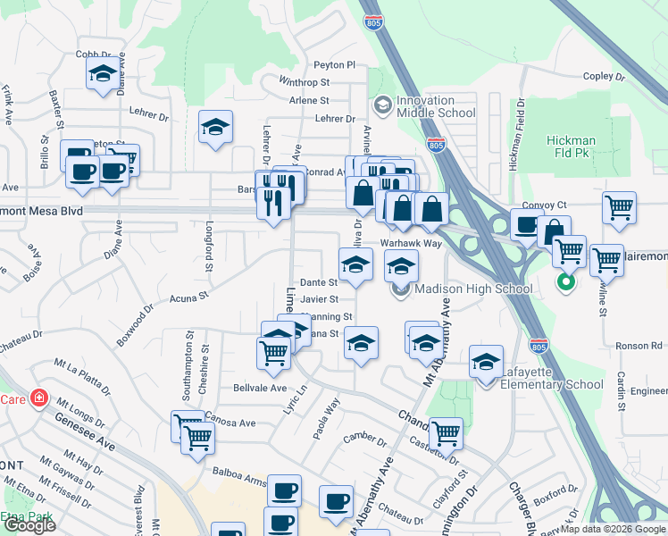 map of restaurants, bars, coffee shops, grocery stores, and more near 4809 Sagasti Avenue in San Diego