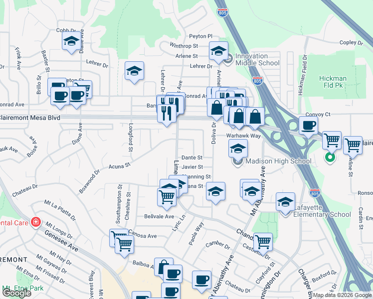 map of restaurants, bars, coffee shops, grocery stores, and more near 5201 Tara Place in San Diego