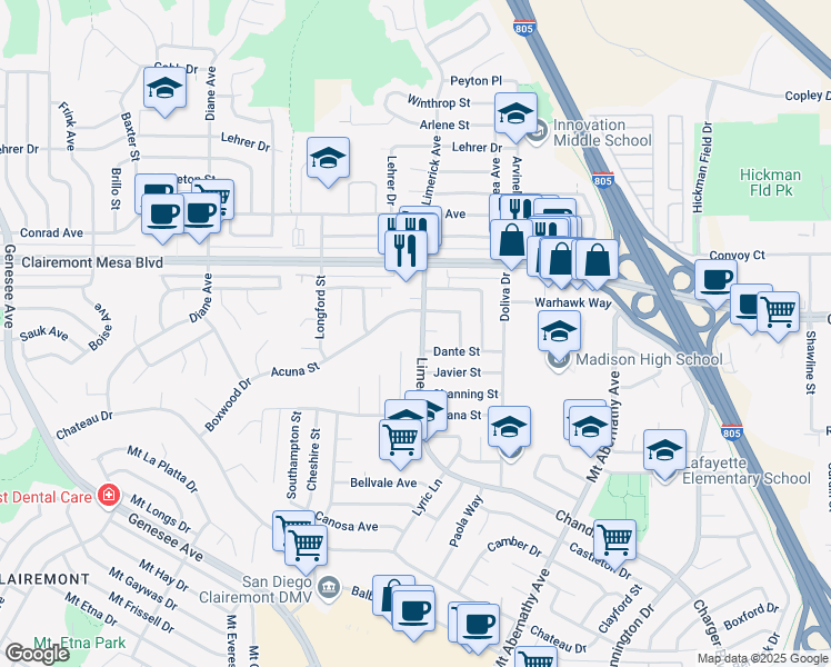 map of restaurants, bars, coffee shops, grocery stores, and more near 5201 Tara Place in San Diego
