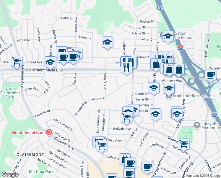 map of restaurants, bars, coffee shops, grocery stores, and more near 5072 Acuna Street in San Diego