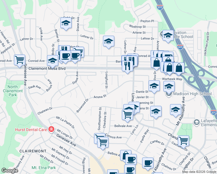map of restaurants, bars, coffee shops, grocery stores, and more near 4826 Longford Street in San Diego