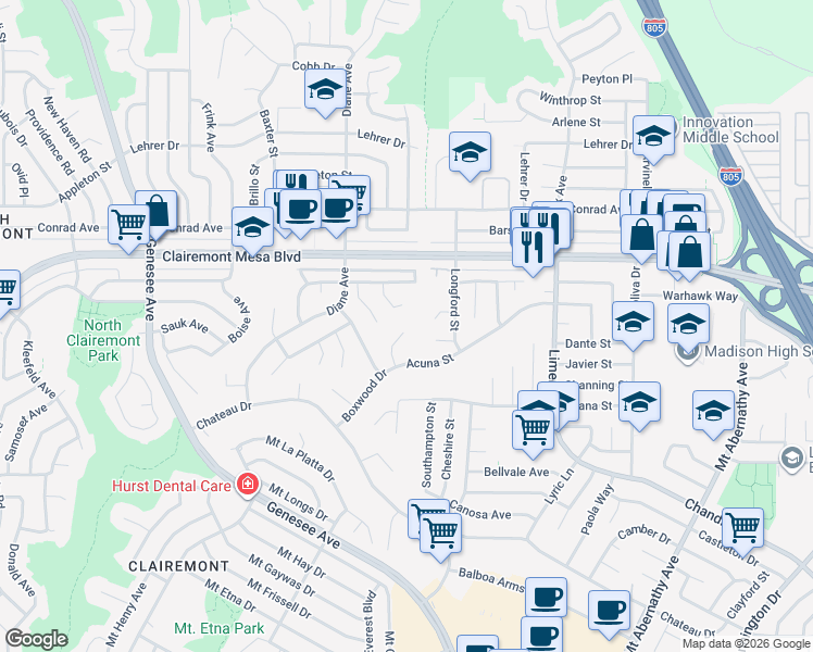 map of restaurants, bars, coffee shops, grocery stores, and more near 4765 Renex Place in San Diego