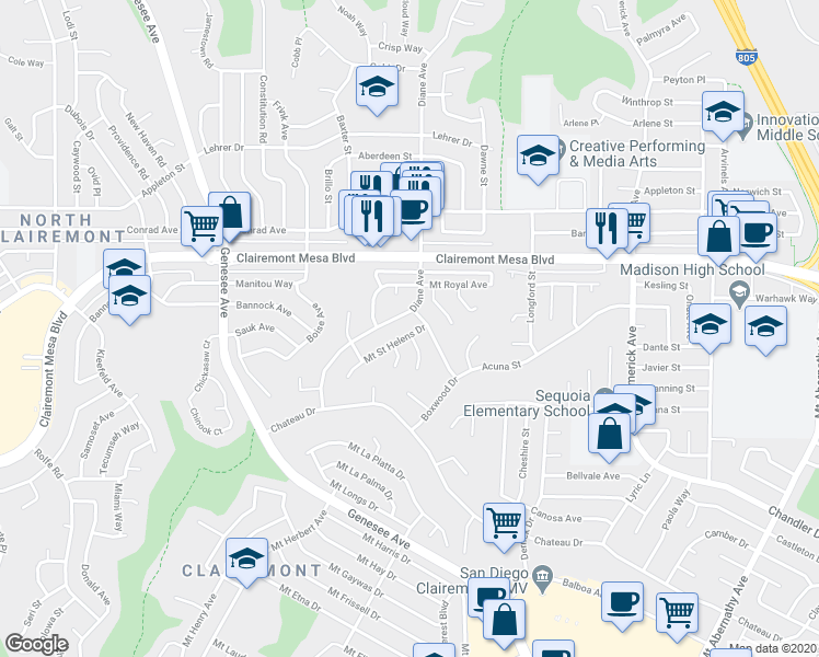 map of restaurants, bars, coffee shops, grocery stores, and more near 4850 Mount Saint Helens Drive in San Diego