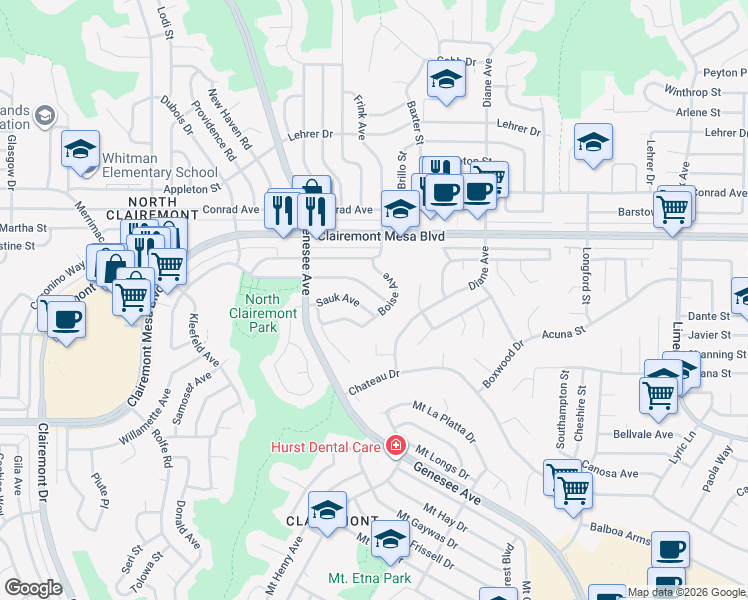 map of restaurants, bars, coffee shops, grocery stores, and more near 4642 Sauk Avenue in San Diego