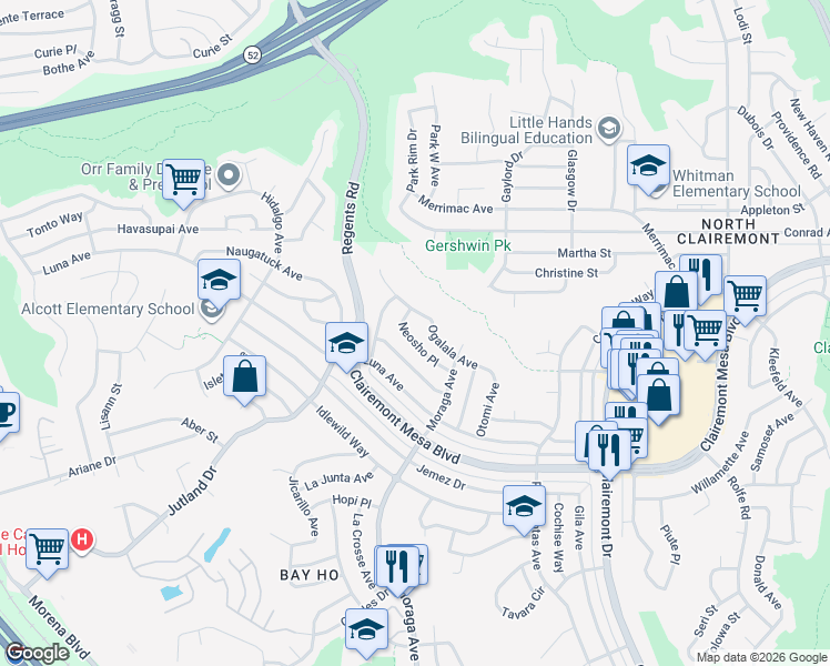 map of restaurants, bars, coffee shops, grocery stores, and more near 3325 Ogalala Avenue in San Diego