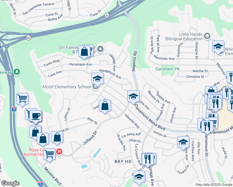 map of restaurants, bars, coffee shops, grocery stores, and more near 3062 Jemez Drive in San Diego
