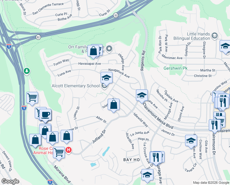 map of restaurants, bars, coffee shops, grocery stores, and more near 3004 Idlewild Way in San Diego