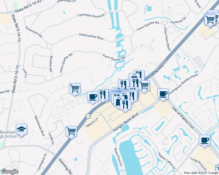 map of restaurants, bars, coffee shops, grocery stores, and more near 1854 Montclair Drive in Mount Pleasant