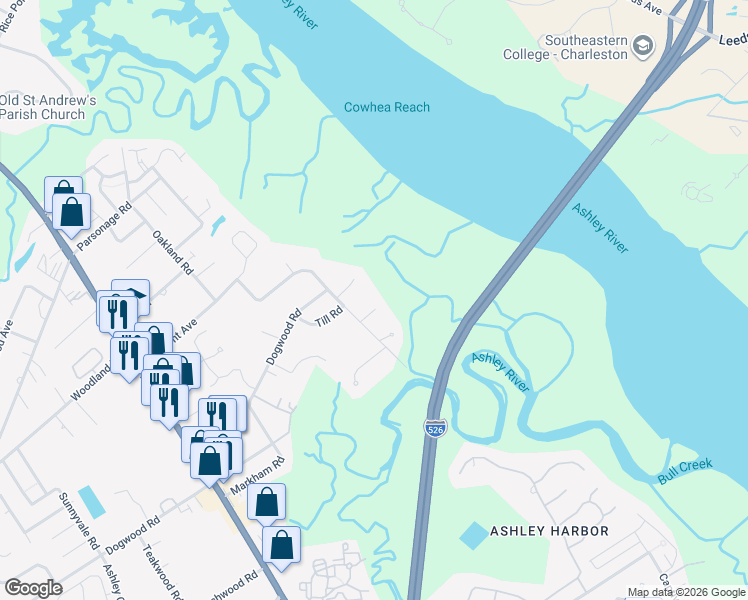 map of restaurants, bars, coffee shops, grocery stores, and more near 2112 Coffey Court in Charleston