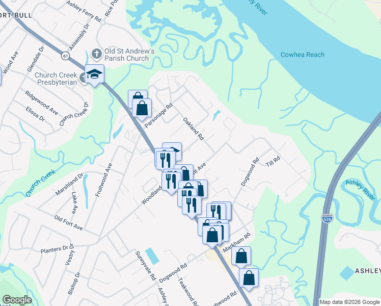 map of restaurants, bars, coffee shops, grocery stores, and more near 1771 Elm Road in Charleston